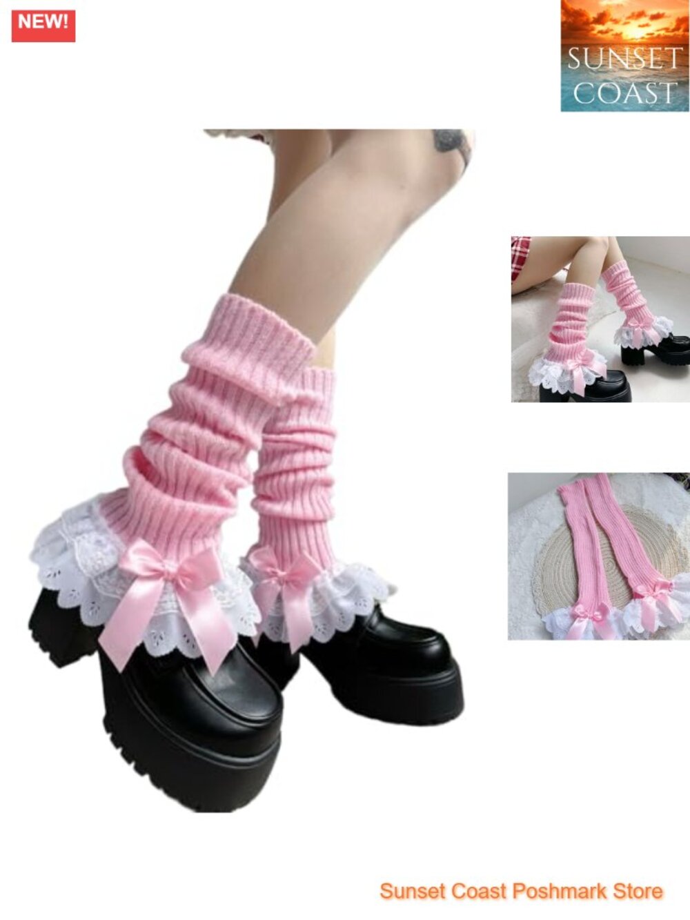Knit Leg Warmers Lace Bow Ribbed Knee High Ankle Sleeve Socks